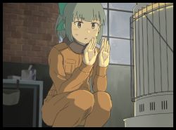 Rule 34 | 1girl, blurry, blurry background, blush, border, brown eyes, green hair, heater, indoors, jumpsuit, kantai collection, long sleeves, orange jumpsuit, parted lips, red bull, solo, squatting, wachi (hati1186), yuubari (kancolle)