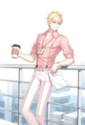 Rule 34 | 1boy, 2022, against railing, alternate hair color, belt, blonde hair, building, business suit, closers, coffee cup, collared shirt, cup, disposable cup, dress shirt, feet out of frame, formal, highres, holding, holding cup, holding paper, id card, lanyard, looking to the side, male focus, official art, pant suit, pants, paper, paperclip, pink belt, pink shirt, railing, red eyes, salaryman, shirt, short hair, sleeves pushed up, smile, solo, standing, suit, suspenders, turning head, watch, white background, white pants, wolfgang schneider, wristwatch