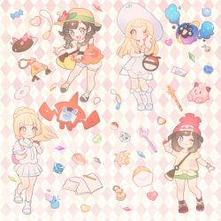 Rule 34 | 4girls, argyle, argyle background, argyle clothes, arm up, backpack, bag, bare shoulders, beanie, beast ball, bell, black hair, blonde hair, blue eyes, blush, blush stickers, book, bracelet, braid, brown hair, candy, cd, clefairy, closed eyes, collarbone, cosmog, creatures (company), crystal, doll, dress, dual persona, duffel bag, female focus, floral print, flower, flute, food, french braid, full body, game freak, gen 1 pokemon, gen 4 pokemon, gen 7 pokemon, green eyes, green shorts, hand up, happy, hat, hat flower, heart, highres, holding, holding poke ball, instrument, jewelry, jingle bell, kneehighs, leg up, legendary pokemon, lillie (pokemon), long hair, looking at viewer, looking down, malasada, multiple girls, necklace, nintendo, one eye closed, open book, open mouth, orange shirt, outstretched arms, pencil, pink background, pink flower, pleated skirt, poke ball, poke ball (basic), poke ball theme, pokemon, pokemon (creature), pokemon sm, pokemon usum, ponytail, pouch, pyukumuku, red footwear, red hat, rotom, rotom dex, see-through, selene (pokemon), selene (pokemon usum), shirt, shoes, short hair, short shorts, short sleeves, shorts, simple background, skirt, sleeveless, sleeveless dress, sleeveless shirt, smile, socks, spaghetti strap, sparkle, standing, standing on one leg, sun hat, tied shirt, twin braids, white dress, white footwear, white hat, white legwear, white shirt, white shorts, white skirt, wink, yellow shirt, zuizi