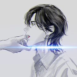 Rule 34 | 1boy, black hair, character name, disembodied hand, facing to the side, finger in another&#039;s mouth, krom ledios, looking to the side, lord of heroes, machamyo, pale skin, profile, solo focus, yellow eyes