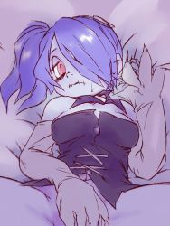 Rule 34 | 1girl, bare shoulders, bed, blue skin, breasts, colored skin, covering privates, covering crotch, detached collar, detached sleeves, female focus, hair over one eye, highres, monster girl, mtk hoshi, red eyes, side ponytail, skullgirls, squigly (skullgirls), stitched mouth, stitches, zombie