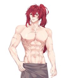 Rule 34 | 1boy, abs, diluc (genshin impact), genshin impact, hair between eyes, highres, long hair, male focus, muscular, muscular male, nipples, ponytail, red eyes, red hair, rourouki, scar, scar on arm, scar on chest, scar on stomach, simple background, smile, towel, towel around waist, white background