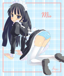 Rule 34 | 1girl, akiyama mio, ass, black eyes, black hair, blush, hime cut, k-on!, kasyu (pixiv412049), long hair, maid, panties, solo, striped clothes, striped panties, underwear