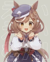 Rule 34 | 1girl, animal ears, belt, blue skirt, blush, bow, bowtie, brown hair, cabbie hat, center frills, clenched hands, clothing cutout, collared shirt, dot nose, ears through headwear, ei ei mun!, frills, green background, hair ornament, hairclip, hat, highres, horse ears, long hair, long sleeves, looking at viewer, matikane tannhauser (umamusume), multicolored hair, nu tarou (tr84635391), open mouth, petticoat, pouch, puffy long sleeves, puffy sleeves, shirt, shoulder cutout, simple background, skirt, smile, streaked hair, teeth, umamusume, upper teeth only, white shirt, yellow eyes