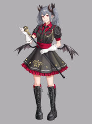 Rule 34 | 1girl, absurdres, bat wings, black dress, black necktie, boots, collared shirt, cross, cross-laced footwear, dress, frilled dress, frills, gloves, green hair, grey background, grin, hair between eyes, highres, holding, holding scepter, horns, inverted cross, kim byeonggon, knee boots, lace-up boots, looking at viewer, necktie, original, red eyes, red shirt, scepter, shirt, shoes, short sleeves, smile, solo, twintails, two-tone dress, white gloves, wings