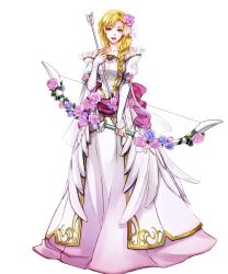 Rule 34 | 1girl, bare shoulders, blonde hair, bow (weapon), braid, breasts, bride, dress, fire emblem, fire emblem: the blazing blade, fire emblem heroes, flower, full body, hair ornament, highres, holding, holding bow (weapon), holding weapon, long hair, louise (fire emblem), medium breasts, nintendo, official art, purple eyes, single braid, solo, standing, strapless, strapless dress, transparent background, weapon, wedding dress, white dress