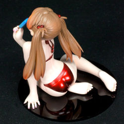 Rule 34 | 1girl, alternate hairstyle, arm support, ass, barefoot, bikini, brown hair, figure, food, hair bobbles, hair ornament, holding, holding food, ice cream, licking, long hair, looking up, neon genesis evangelion, photo (medium), red bikini, simple background, sitting, solo, souryuu asuka langley, swimsuit, toes, tongue, tongue out, twintails, wide hips