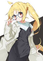 Rule 34 | 1girl, :o, ahoge, black background, black dress, blonde hair, blue-framed eyewear, blush, bocchi the rock!, braid, brown eyes, commentary request, dress, glasses, highres, ijichi nijika, jacket, long sleeves, looking at viewer, open clothes, open jacket, parted lips, shirt, sidelocks, sleeveless, sleeveless dress, solo, suta0822, two-tone background, white background, white jacket, white shirt, wide sleeves