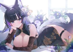 1girl absurdres animal_ears black_dress black_hair blue_eyes blue_hair breasts china_dress chinese_clothes cleavage dress floral_print_dress flower fox_ears fox_girl fox_tail hair_flower hair_ornament highres large_breasts lying multicolored_hair nannung on_stomach original print_dress purple_hair smile solo tail white_flower