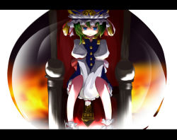 Rule 34 | 1girl, bad id, bad pixiv id, blue eyes, bow, cocosama, female focus, green hair, hat, letterboxed, ogami ren, ribbon, rod of remorse, shiki eiki, short hair, sitting, skirt, solo, throne, touhou
