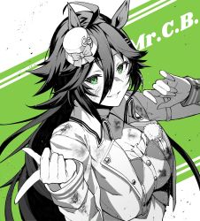 Rule 34 | 1girl, ahoge, animal ears, bandeau, breasts, character name, choker, cleavage, cropped jacket, dirty, dirty clothes, dirty face, green eyes, greyscale, hair between eyes, hair ornament, hairclip, hands up, hat, highres, horse ears, large breasts, long hair, long sleeves, looking at viewer, mini hat, mini top hat, monochrome, mr. c.b. (umamusume), navel, pointing, reon (dainagon azuki), smile, solo, spot color, top hat, umamusume, upper body