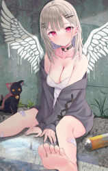 Rule 34 | 1girl, akino ell, animal, bandaid, bandaid on leg, bare shoulders, barefoot, between legs, black cat, black choker, black jacket, breasts, camisole, cat, choker, cleavage, closed mouth, collarbone, commentary request, drawn wings, grey hair, hand between legs, highres, jacket, long hair, long sleeves, looking at viewer, medium breasts, o-ring, o-ring choker, off shoulder, open clothes, open jacket, original, puffy long sleeves, puffy sleeves, red eyes, soles, solo, spray can, white camisole