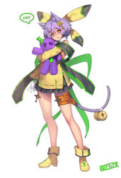 Rule 34 | 1girl, animal ears, artist name, bad id, bad pixiv id, bell, cat ears, cat tail, detached sleeves, dress, hair ornament, hugging doll, hugging object, jjune, layered dress, leg belt, long sleeves, original, purple hair, shawl, simple background, solo, spoken blush, stuffed toy, tail, tail bell, tail ornament, yellow eyes