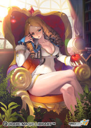 Rule 34 | 1girl, bare legs, blonde hair, book, bookshelf, breasts, chair, cleavage, drill hair, earrings, globe, green eyes, highres, inkwell, jewelry, large breasts, crossed legs, long sleeves, looking at viewer, matsuki ringo, newton (qurare), original, plant, quill, qurare magic library, revision, sitting, solo
