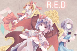 Rule 34 | 3girls, alternate eye color, bat wings, blonde hair, bow, brooch, chair, dutch angle, english text, flandre scarlet, flying, green eyes, hair bow, hat, izayoi sakuya, jewelry, crossed legs, light purple hair, looking at viewer, looking down, maid headdress, multiple girls, no headwear, no headwear, own hands together, puffy short sleeves, puffy sleeves, purple eyes, purple hair, red skirt, remilia scarlet, ring, short hair, short sleeves, side ponytail, silver hair, sitting, skirt, skirt set, smile, touhou, vioro, wings, wrist cuffs