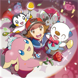 Rule 34 | 1boy, :d, absurdres, audino, black shirt, blue jacket, blurry, brown eyes, brown hair, clothed pokemon, commentary request, confetti, creatures (company), emolga, flower, from above, game freak, gen 5 pokemon, hat, highres, hilbert (pokemon), holding, holding flower, jacket, looking at viewer, male focus, minccino, nintendo, official art, open mouth, oshawott, poke ball print, pokemon, pokemon (creature), pokemon bw, red flower, red headwear, shirt, shoes, short hair, smile, sparkle, teeth, tiara, tongue, upper teeth only, zipper pull tab