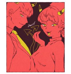 Rule 34 | 10s, 1boy, 1girl, black background, border, demon horns, demon tail, english text, evil smile, fangs, formal, hairband, horns, katupuraamen, limited palette, low twintails, matsuno osomatsu, nail polish, necktie, osomatsu-kun, osomatsu-san, osomatsu (series), parted lips, short twintails, simple background, smile, suit, tail, tongue, tongue out, turtleneck, twintails, yellow eyes, yellow nails, yellow necktie, yowai totoko