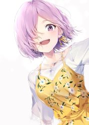 Rule 34 | 1girl, :d, alternate costume, blush, collarbone, dress, earrings, fate/grand order, fate (series), floral print, hair over one eye, highres, jewelry, looking at viewer, mash kyrielight, open mouth, pendant, porch5681, print dress, purple eyes, purple hair, ribbon, see-through, shirt, short sleeves, simple background, sleeveless, sleeveless dress, smile, solo, teeth, upper teeth only, white background, white shirt, yellow dress, yellow ribbon