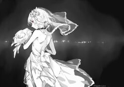 Rule 34 | 1girl, accelerator (toaru majutsu no index), albino, ambiguous gender, androgynous, back, bare legs, black background, black choker, bouquet, bow, bridal veil, choker, cowboy shot, dress, dress bow, flower, genderswap, genderswap (mtf), greyscale, hair flower, hair ornament, hands up, highres, holding, holding bouquet, hopetrash555, lace, lace-trimmed dress, lace trim, legs, lily (flower), limited palette, looking at viewer, looking back, monochrome, pale skin, pixie cut, red eyes, see-through, short hair, spot color, standing, suzushina yuriko, toaru majutsu no index, veil, wedding dress, white bow, white dress, white hair, wide shot