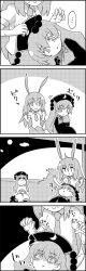 Rule 34 | ..., 2girls, 4koma, animal ears, rabbit ears, chinese clothes, comic, commentary request, crossed arms, futatsuiwa mamizou, greyscale, hat, highres, junko (touhou), kneeling, lap pillow, long hair, monochrome, moon, multiple girls, necktie, night, night sky, pom pom (clothes), raccoon tail, reisen udongein inaba, shirt, short sleeves, sitting, skirt, sky, smile, standing on person, sweat, tail, tani takeshi, touhou, translation request, trembling, wall, yukkuri shiteitte ne
