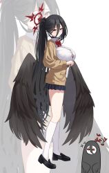 Rule 34 | 1girl, absurdres, black footwear, black hair, black skirt, black wings, blue archive, blush, breasts, cardigan, closed mouth, collared shirt, feathered wings, from side, halo, hasumi (blue archive), highres, large breasts, long hair, long sleeves, looking at viewer, multiple views, pleated skirt, rahy, red eyes, red halo, shirt, shoes, simple background, skirt, socks, very long hair, white background, white shirt, white socks, wings, yellow cardigan, zoom layer