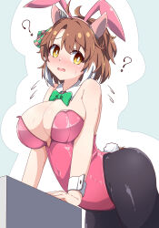 Rule 34 | 1girl, ?, alternate costume, animal ears, bow, bowtie, breasts, bright pupils, brown hair, cleavage, commentary request, dantsu flame (umamusume), detached collar, ear covers, ear ribbon, fake animal ears, fake tail, green bow, green bowtie, highres, hiro (pqtks113), horse ears, horse girl, horse tail, large breasts, leotard, pink leotard, rabbit ears, rabbit tail, short hair, solo, tail, umamusume, white pupils, yellow eyes