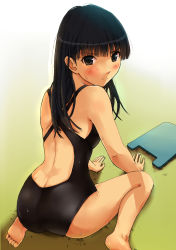 Rule 34 | 1girl, amagami, arm support, ass, ayatsuji tsukasa, back, barefoot, black one-piece swimsuit, black school swimsuit, blush, brown eyes, brown hair, competition swimsuit, from behind, frown, gradient background, green background, highres, kickboard, long hair, looking at viewer, looking back, mouse (frankhell), one-piece swimsuit, school swimsuit, scowl, sitting, solo, swimsuit, wariza, wet, white background