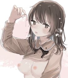 Rule 34 | 1girl, arm up, blush, bow, bowtie, breasts, brown bow, brown bowtie, brown dress, brown eyes, brown hair, condom, cum, cum on body, cum on breasts, cum on upper body, dress, female focus, heart, heart-shaped pupils, highres, holding, holding condom, inverted nipples, looking at viewer, medium breasts, medium hair, no bra, no headwear, open mouth, original, seno (senokuni), simple background, solo, steam, symbol-shaped pupils, upper body, used condom, visible air