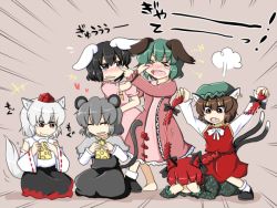 Rule 34 | &gt; &lt;, 6+girls, :t, animal ears, bad id, bad pixiv id, barefoot, black hair, blouse, bobby socks, bow, braid, brown hair, capelet, cat ears, cat girl, cat tail, cheek pull, cheese, chen, closed eyes, covering face, detached sleeves, dress, earrings, eating, emphasis lines, fang, female focus, fighting, food, grabbing another&#039;s hair, green dress, green hair, grey eyes, grey hair, hair bow, hat, heart, high collar, inaba tewi, inubashiri momiji, jewelry, kaenbyou rin, kasodani kyouko, long sleeves, lying, mouse ears, mouse tail, multiple girls, multiple tails, nazrin, on stomach, open mouth, pink background, pink dress, rabbit ears, red eyes, red hair, rokunen, seiza, shirt, short sleeves, single earring, sitting, sitting on person, skirt, smile, socks, standing, swiss cheese, tail, tail wagging, tears, tokin hat, touhou, twin braids, twintails, vest, white hair, wide sleeves, wolf ears, wolf tail