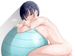 Rule 34 | 1girl, absurdres, ass, ball, black hair, blush, boku no kokoro no yabai yatsu, breast press, breasts, brown eyes, commentary request, completely nude, dripping, exercise ball, highres, large breasts, long hair, looking at viewer, nude, pressing, rubber band, sacra, shiny skin, short hair, simple background, solo, steam, steaming body, sweat, white background, yamada anna