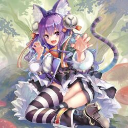 1girl animal_ears ass black_footwear breasts cat_ears cat_tail cheshire_cat_(grimms_echoes) claw_pose fang frills grimms_echoes guest_art highres long_hair open_mouth pisuke purple_eyes purple_hair smile socks solo striped_clothes striped_socks tail