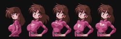 Rule 34 | bouncing breasts, breasts, brown hair, character sheet, cleavage, cleavage cutout, clothing cutout, hissatsu pachinko collection, large breasts, official art, pixel art