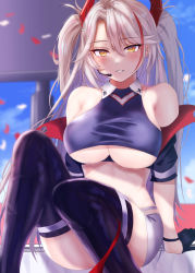 Rule 34 | 1girl, akuakuran, azur lane, bare shoulders, black footwear, black gloves, blurry, blush, boots, breasts, commentary request, depth of field, feet out of frame, gloves, hair between eyes, headset, highres, large breasts, long hair, looking at viewer, miniskirt, multicolored hair, off shoulder, official alternate costume, panties, panties around leg, parted lips, petals, prinz eugen (azur lane), prinz eugen (final lap) (azur lane), red hair, red panties, sitting, skirt, smile, solo, streaked hair, thigh boots, thighhighs, thighs, two side up, underboob, underwear, white hair, white skirt