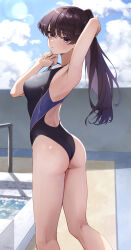 Rule 34 | 1girl, absurdres, adjusting clothes, adjusting swimsuit, armpits, arms up, ass, back, back cutout, black hair, blue one-piece swimsuit, blush, breasts, clothing cutout, competition swimsuit, high ponytail, highres, komi-san wa komyushou desu, komi shouko, large breasts, long hair, looking at viewer, one-piece swimsuit, outdoors, poolside, purple eyes, solo, swimsuit, thighs, yuhi (yuhi atb26)