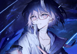 Rule 34 | 1girl, absurdres, bandaged neck, bandages, blue hair, blue jacket, cloud, collarbone, commentary request, glasses, hair between eyes, haizome senri, highres, horns, jacket, kashi otoha, looking at viewer, night, night sky, official art, open clothes, open jacket, outdoors, parted lips, red-framed eyewear, semi-rimless eyewear, shirt, single horn, sky, solo, star (sky), starry sky, under-rim eyewear, upper body, versen, virtual youtuber, white shirt
