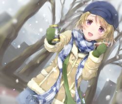 Rule 34 | 10s, 1girl, :d, bare tree, blonde hair, blush, can, canned coffee, coat, day, drink can, dutch angle, fur trim, hat, highres, hinausa, holding, holding can, koizumi hanayo, looking at viewer, love live!, love live! school idol festival, love live! school idol project, mittens, open mouth, outdoors, plaid, plaid scarf, purple eyes, scarf, short hair, smile, snowing, solo, tree