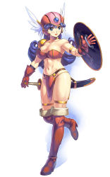 Rule 34 | 1girl, :d, armor, bikini armor, blue eyes, blue hair, boots, breasts, chunsoft, cleavage, dragon quest, dragon quest iii, enix, gloves, helmet, long hair, matching hair/eyes, muscular, navel, open mouth, red armor, sheath, sheathed, shield, smile, soldier (dq3), solo, sword, thigh boots, thighhighs, uchiu kazuma, weapon, winged helmet
