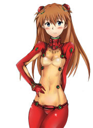 Rule 34 | 00s, 1girl, a.ringo, blue eyes, blush, bodysuit, breasts, brown hair, evangelion: 2.0 you can (not) advance, female focus, long hair, multicolored clothes, neon genesis evangelion, plugsuit, rebuild of evangelion, simple background, solo, souryuu asuka langley, test plugsuit, white background