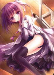 Rule 34 | 10s, 1girl, absurdres, black thighhighs, crossed arms, d:, hair ribbon, highres, lying, minato tomoka, no shoes, on side, one-piece swimsuit, one side up, open mouth, purple eyes, purple hair, ribbon, rou-kyuu-bu!, school swimsuit, school uniform, solo, swimsuit, swimsuit under clothes, tears, thighhighs, tinker bell (pixiv 10956015), wooden floor