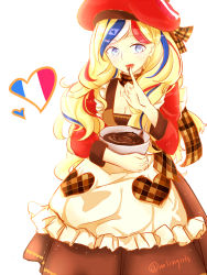 Rule 34 | 10s, 1girl, beret, blonde hair, blue eyes, blue hair, bowl, brown scarf, chocolate, commandant teste (kancolle), dress, hat, highres, kantai collection, long hair, looking at viewer, mingling, multicolored hair, open mouth, plaid, plaid scarf, red dress, red hair, red hat, scarf, solo, streaked hair, twitter username, white hair