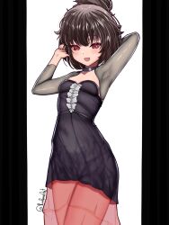 Rule 34 | 1girl, :d, absurdres, arm behind head, arms up, artist name, black dress, black hair, blush, breasts, choker, commentary, cowboy shot, detached sleeves, dress, english commentary, evening gown, grey choker, grey sleeves, high ponytail, highres, holding, kono subarashii sekai ni shukufuku wo!, long dress, looking at viewer, medium hair, megumin, open mouth, pink skirt, red eyes, see-through, see-through skirt, semnomeart, signature, skirt, sleeves past elbows, small breasts, smile, solo, staff, white background