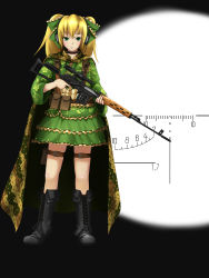 Rule 34 | 1girl, ammunition pouch, black footwear, blonde hair, boots, bow, camouflage, cape, dragunov svd, dress, muzzle device, frilled dress, frills, green eyes, gun, hair bow, headset, highres, holding, holding gun, holding weapon, military operator, paper man, pouch, rifle, scope, sniper, sniper rifle, solo, thumbhole stock, trigger discipline, twintails, weapon, yakuto007
