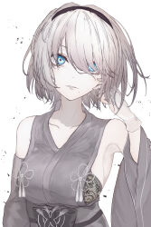 Rule 34 | 1girl, 2b (nier:automata), absurdres, alternate costume, armpits, asaikeu, blue eyes, bow, bra, breasts, collarbone, detached sleeves, gloves, hair over one eye, hairband, hand in own hair, highres, japanese clothes, lace, lace bra, looking at viewer, medium breasts, mole, mole under mouth, monochrome, nier:automata, nier (series), no blindfold, parted lips, short hair, sideboob, solo, spot color, underwear, upper body, waist bow, wide sleeves