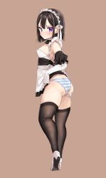 Rule 34 | 1girl, ahoge, apron, ass, black dress, black hair, black thighhighs, blue panties, blush, bob cut, breasts, brown background, butt crack, chigusa minori, closed mouth, clothes lift, detached collar, dress, dress lift, frilled apron, frills, full body, gloves, highres, large breasts, lifted by self, looking at viewer, maid, maid apron, maid headdress, mole, mole on ass, original, panties, purple eyes, short hair, sidelocks, simple background, skindentation, solo, strapless, strapless dress, striped clothes, striped panties, sweatdrop, thighhighs, two-tone panties, underwear, waist apron, white apron, white footwear, white gloves, white panties