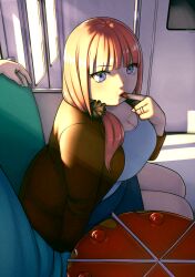 Rule 34 | 1girl, arm support, artist name, better-with-salt, blue eyes, blunt bangs, breasts, cake, cleavage, commentary, english commentary, fat, feet out of frame, food, go-toubun no hanayome, hair ornament, highres, jewelry, large breasts, long hair, looking at viewer, nakano nino, orange hair, out of frame, ring, shadow, sidelighting, sitting, solo focus, train interior, tsurime