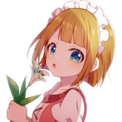 Rule 34 | 1girl, :o, blonde hair, blue eyes, blunt bangs, commentary request, dress, flora (genshin impact), flower, from side, genshin impact, holding, holding flower, hoshino hikari, looking at viewer, looking to the side, maid headdress, pink dress, short hair, sidelocks, simple background, solo, upper body, white background, white flower