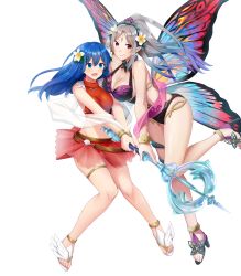 Rule 34 | 2girls, bare shoulders, bikini, bikini skirt, blue eyes, blue hair, breasts, caeda (fire emblem), caeda (summer) (fire emblem), cleavage, cleavage cutout, clothing cutout, fairy wings, feet, female focus, fire emblem, fire emblem: mystery of the emblem, fire emblem heroes, flower, full body, hair flower, hair ornament, high heel sandals, high heels, highres, long hair, matching hair/eyes, medium breasts, midriff, multiple girls, navel, nintendo, official art, one-piece swimsuit, open mouth, plumeria (fire emblem), pointy ears, ryouma (galley), sandals, see-through, smile, swimsuit, thigh strap, thighs, toes, transparent background, wings
