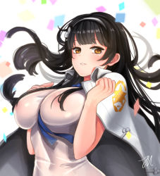 Rule 34 | 1girl, bad id, bad pixiv id, black hair, blue neckwear, breasts, brown eyes, covered erect nipples, dress, girls&#039; frontline, hairband, hands up, headband, highres, jacket, jacket on shoulders, large breasts, long hair, looking at viewer, parted lips, see-through, solo, sunmil, type 95 (girls&#039; frontline), white dress, white hairband
