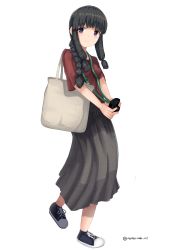 Rule 34 | 1girl, absurdres, bad id, bad twitter id, black footwear, black hair, blunt bangs, blush, braid, brown shirt, camera, casual, full body, grey skirt, hair over shoulder, highres, holding, holding camera, kantai collection, kitakami (kancolle), long hair, long skirt, looking at viewer, numarinko, official alternate costume, purple eyes, shirt, shoes, simple background, single braid, skirt, smile, sneakers, solo, white background