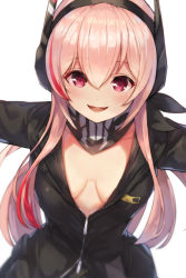 Rule 34 | 1girl, :d, breasts, breasts apart, commentary, fang, girls&#039; frontline, hair between eyes, headgear, highres, jacket, long hair, looking at viewer, m4 sopmod ii (girls&#039; frontline), medium breasts, motokonut, multicolored hair, open mouth, outstretched arms, partially unzipped, pink eyes, pink hair, red hair, simple background, smile, solo, spread arms, streaked hair, two-tone hair, white background